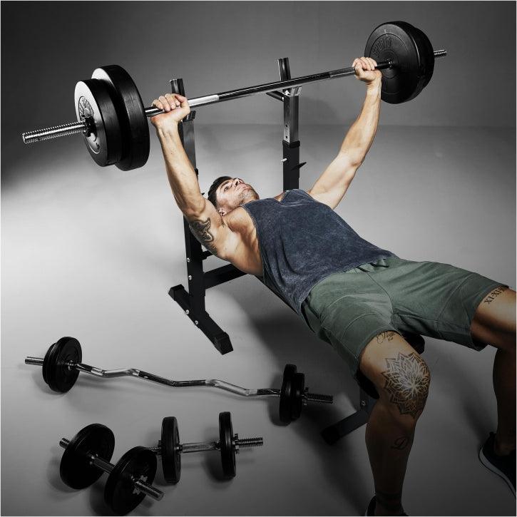 Banc de musculation avec set d'haltères longs - Gorilla Sports France