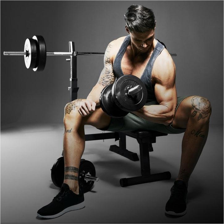 Banc de musculation avec set d'haltères longs - Gorilla Sports France