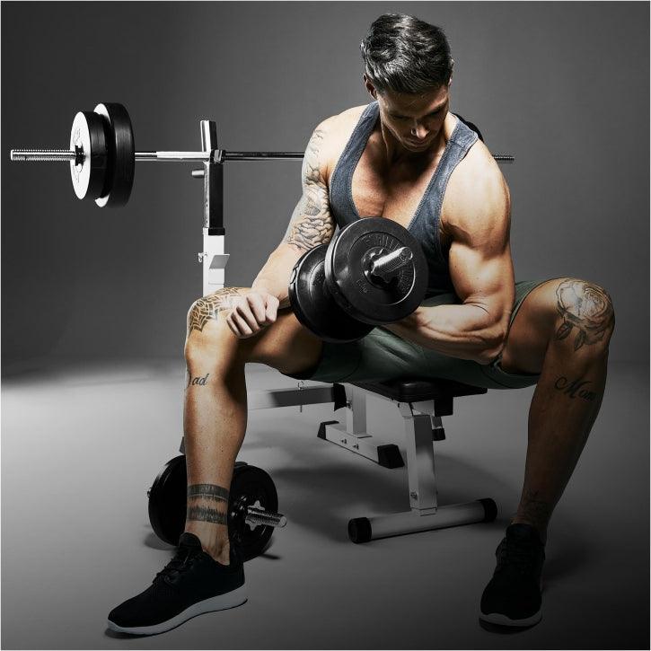 Banc de musculation avec set d'haltères longs - Gorilla Sports France