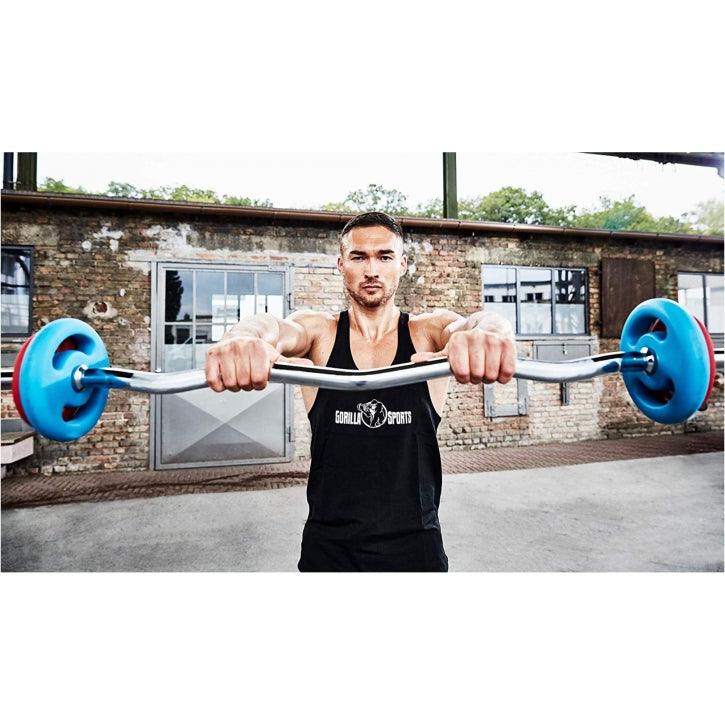 Set d'haltères avec barre longue, barre curl SZ, deux barres courtes et stop-disques - Gorilla Sports France