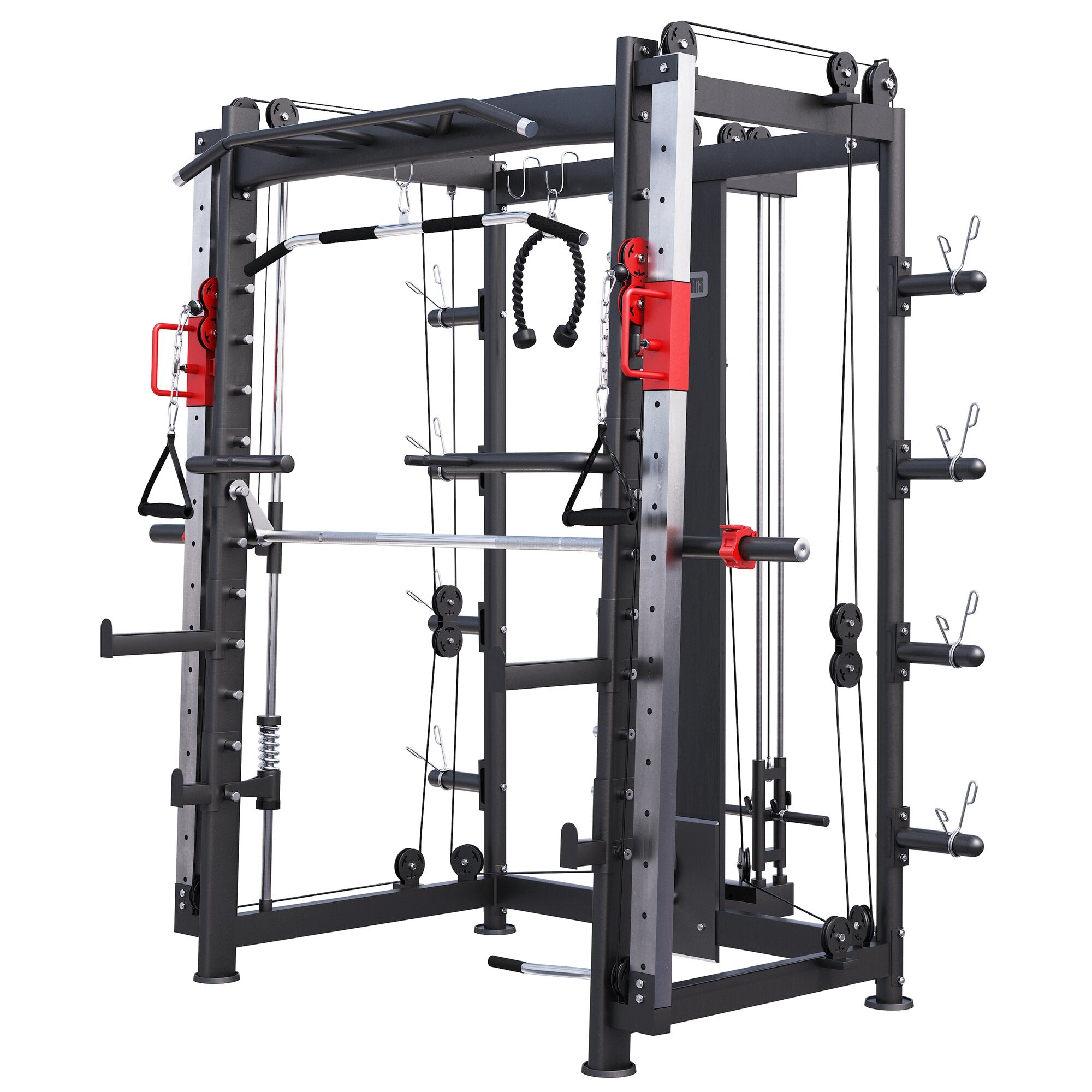 Smith Machine GORILLA SPORTS – Multifonction, Avec Poulie, Barre Guidée, Barre Traction, Accessoires, Acier, Charge 200kg