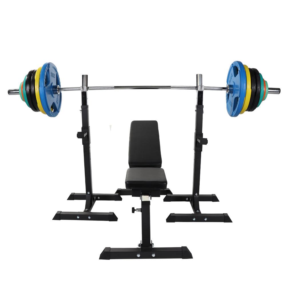 Banc de musculation avec support pour haltères longs et set d'haltères olympiques de 150 kg - Gorilla Sports France