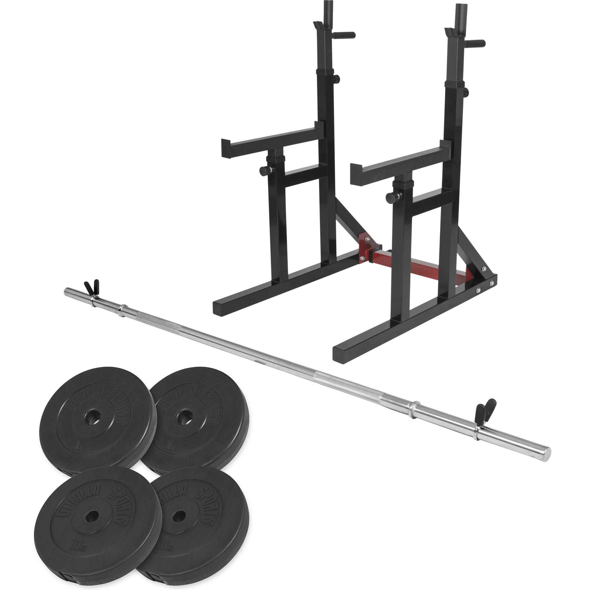 Squat rack avec barre longue de 170cm (30mm) avec stop disques et 30kg des poids (2x5kg et 2x10kg) en plastique et 31mm diamÃ¨tre