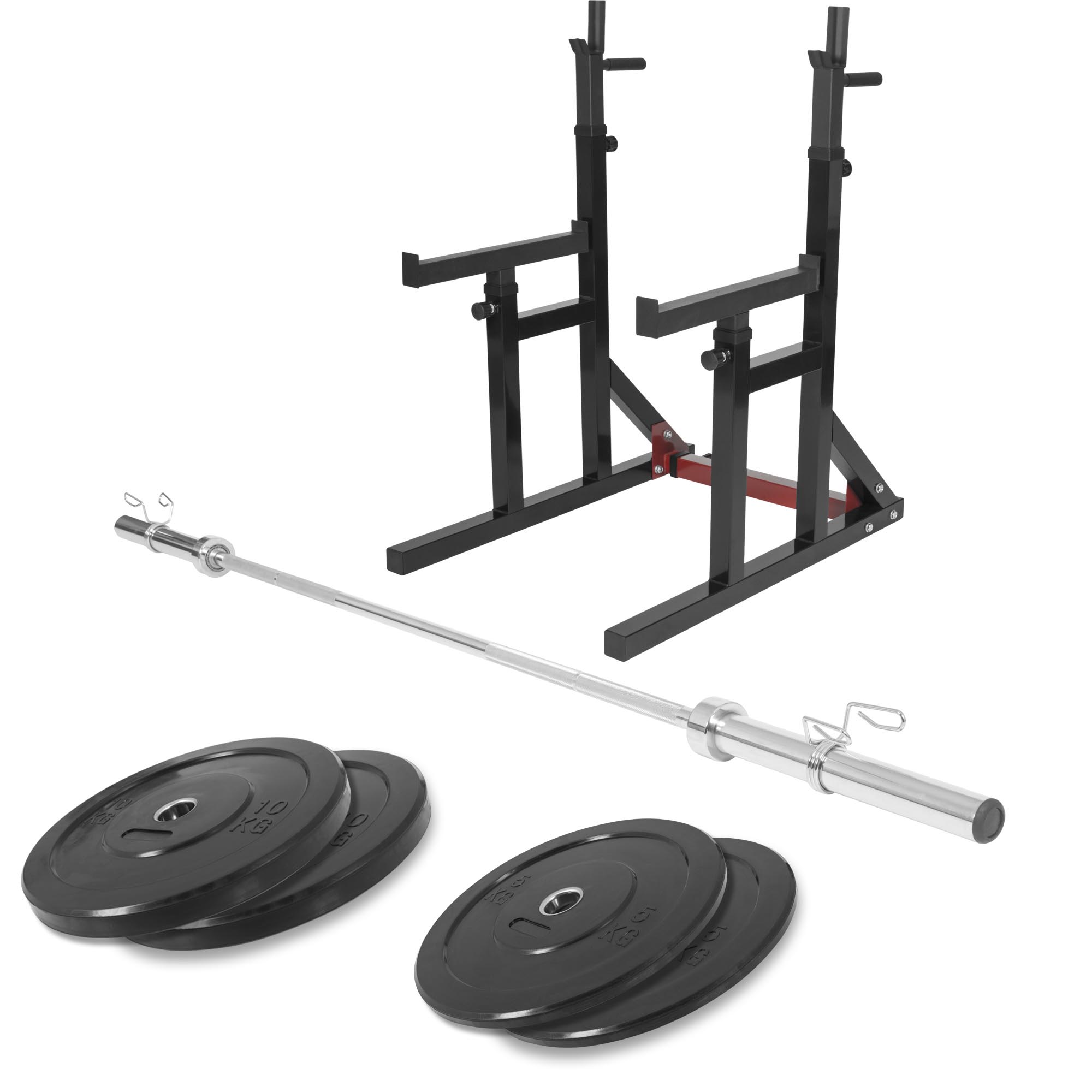 Squat rack avec barre olympique de 218cm + 30kg des poids (2x5 et 2x10) bumper en 51mm