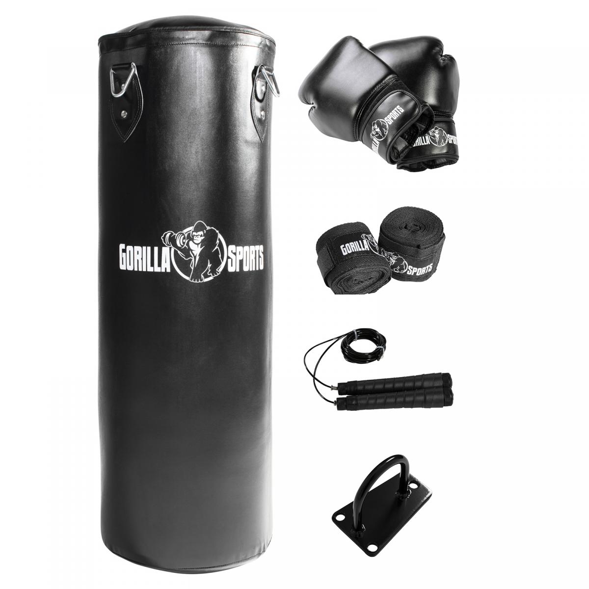 Set de boxe professionnel (sac, gants, bandes de maintien, corde Ã sauter et support d'accroche)