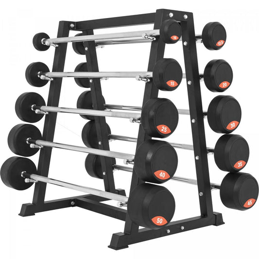 Rack de rangement avec set d'haltères longs en caoutchouc de 282,5 kg - Gorilla Sports France