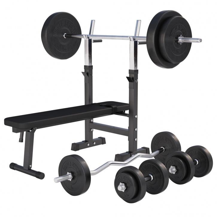 Banc de musculation avec set d'haltères longs - Gorilla Sports France