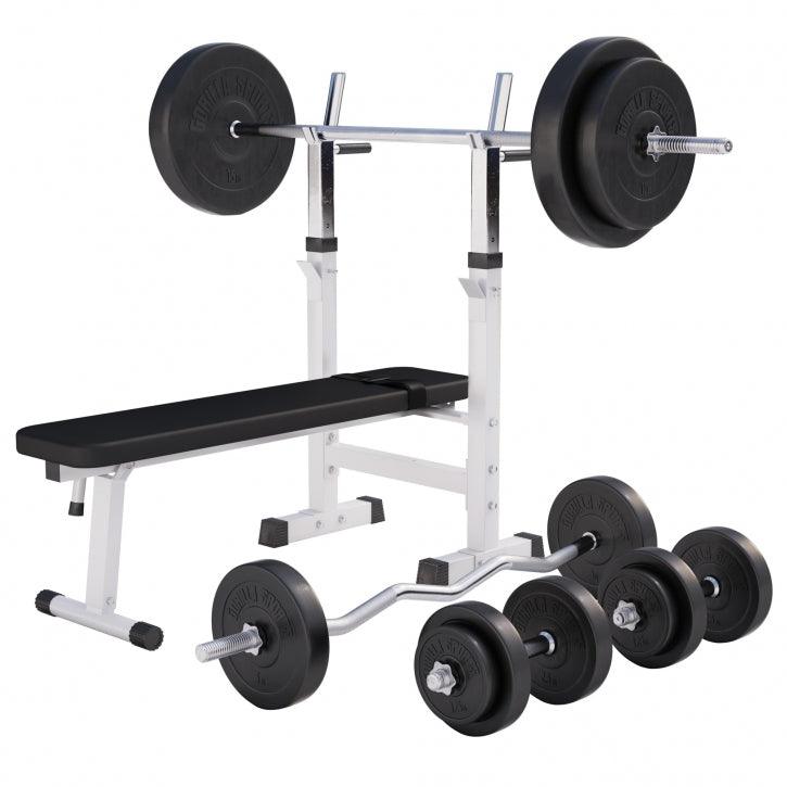 Banc de musculation avec set d'haltères longs - Gorilla Sports France