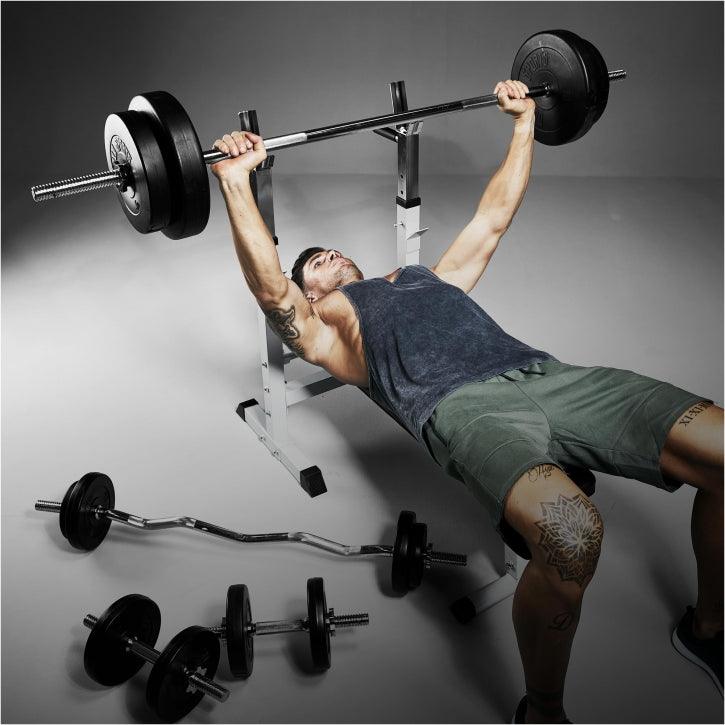 Banc de musculation avec set d'haltères longs - Gorilla Sports France