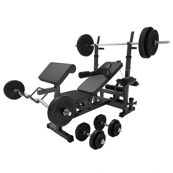 Banc de musculation universel avec set d'haltères 40 - 100 kg en plastique - Gorilla Sports France