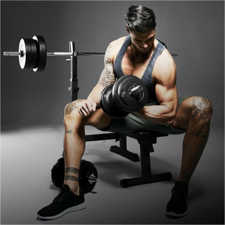 Banc de musculation avec set d'haltères longs - Gorilla Sports France