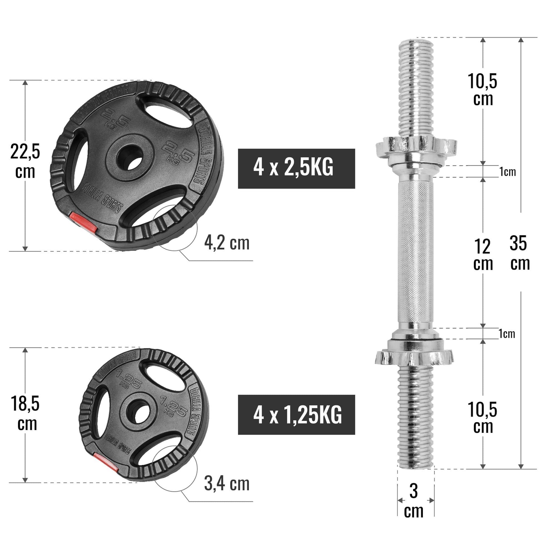 Set d'haltères courts en plastique 20 kg - Gorilla Sports France