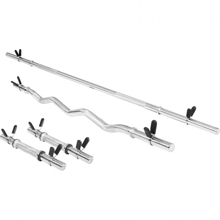 Set d'haltères avec barre longue, barre curl SZ, deux barres courtes et stop-disques - Gorilla Sports France