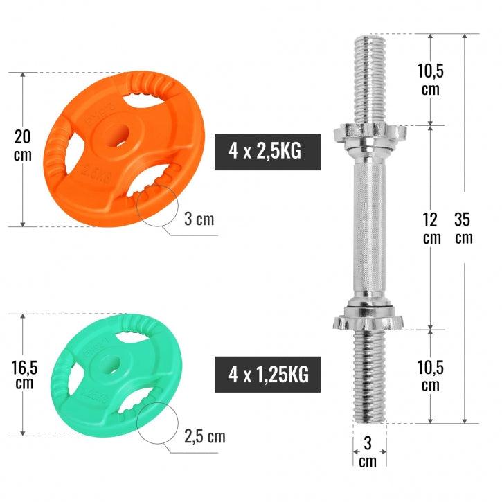 Set d'haltères courts en caoutchouc grip 20 kg avec stop-disques - Gorilla Sports France