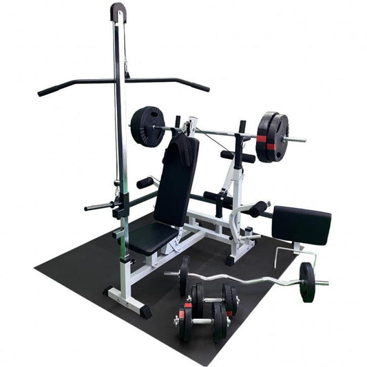 Ensemble de musculation avec 46 éléments (Banc inclinable, set d'haltères plastique avec grip, dalles de protection de sol) - Gorilla Sports France