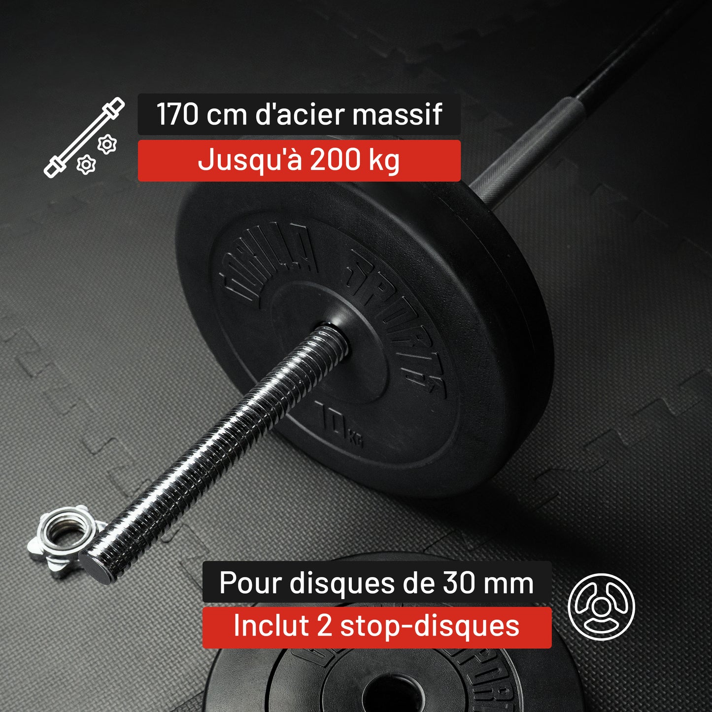 Barre d'haltères 170 cm avec stop-disques